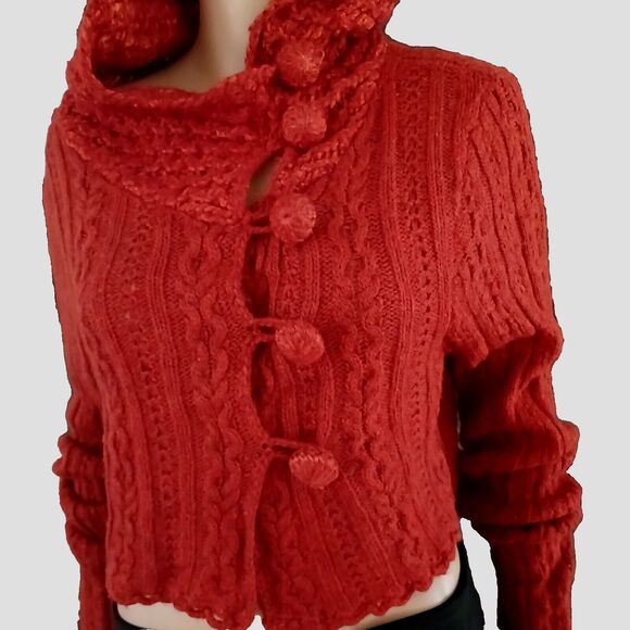 Cable Knit Sweater Lagenlook Hand Knit by Dollie Wool Flared Long Sleeve Buttons - Picture 4 of 11